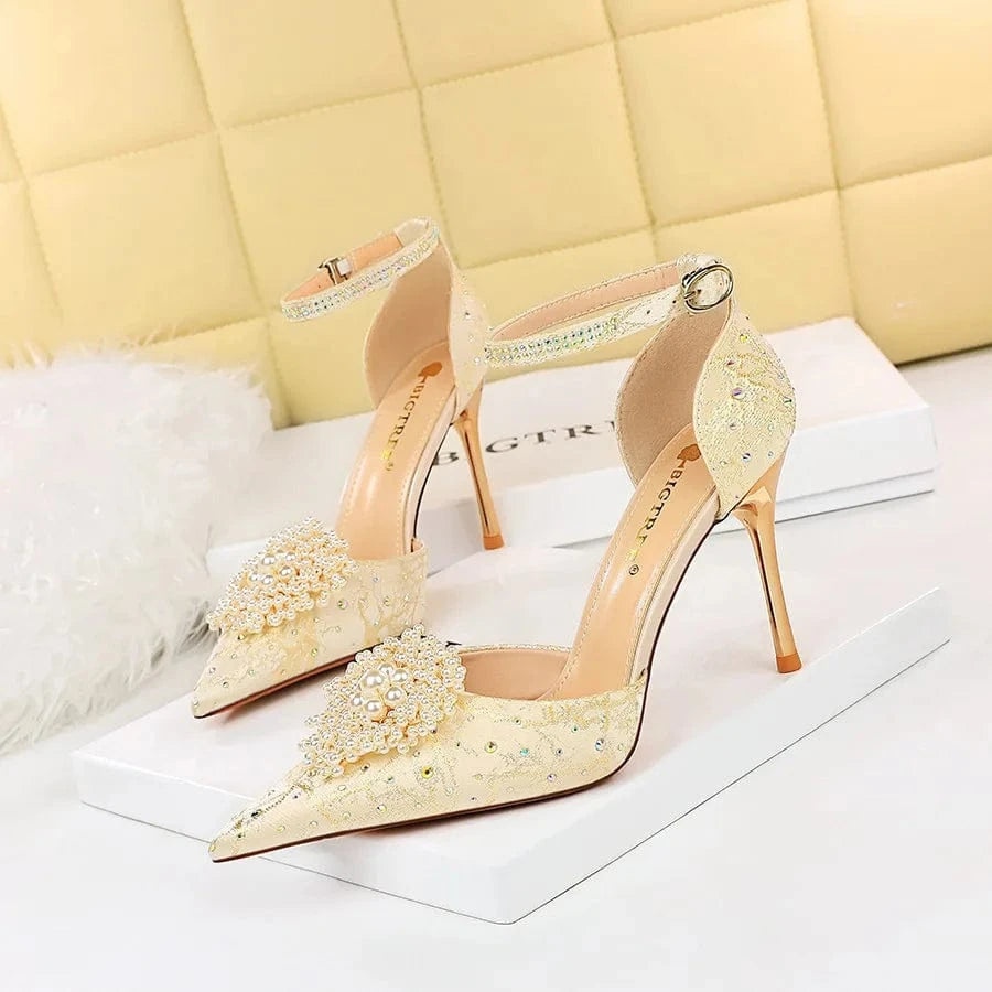 Retro Women Shoes Silk Satin Rhinestone Pearls Floral Buckle Shoes Pointed-toe Wrap-toe High Heel Sandals Ladies Banquet Sandals