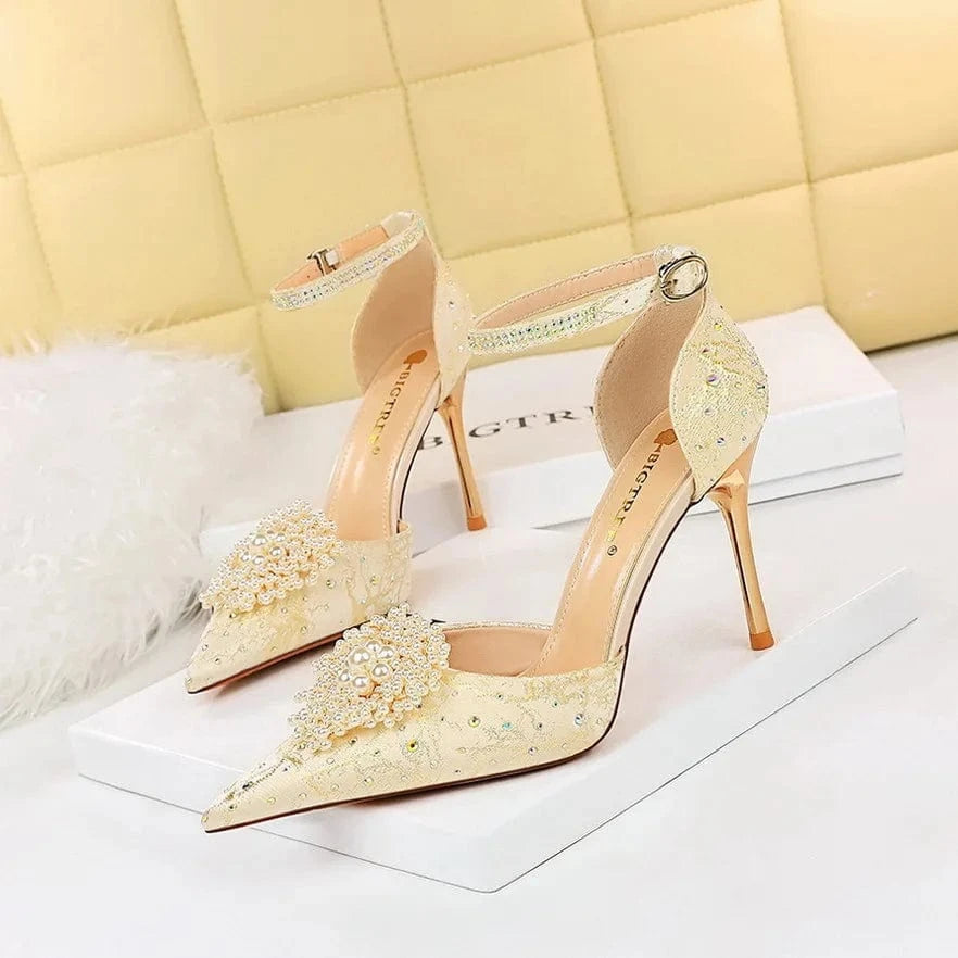 Retro Women Shoes Silk Satin Rhinestone Pearls Floral Buckle Shoes Pointed-toe Wrap-toe High Heel Sandals Ladies Banquet Sandals