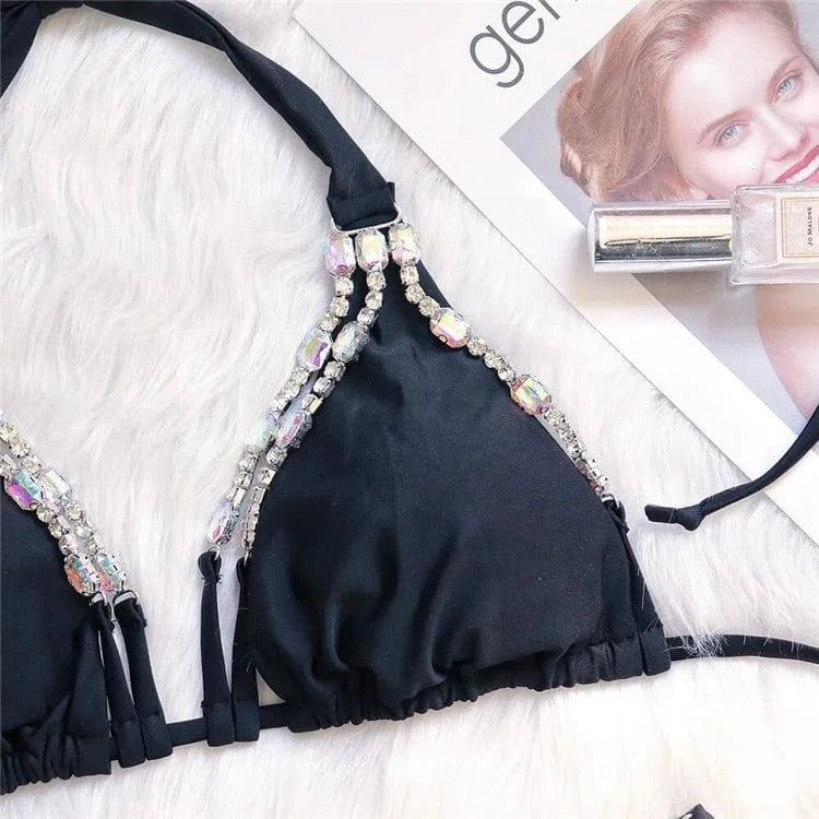 Rhinestone Bikini 2024 Women Sexy Hot Pink Diamond Lace Up Halter Swimsuit Metal Chain Beach Bathing Suit