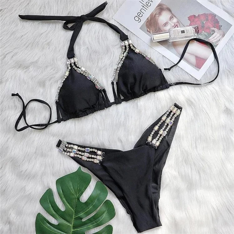 Rhinestone Bikini 2024 Women Sexy Hot Pink Diamond Lace Up Halter Swimsuit Metal Chain Beach Bathing Suit