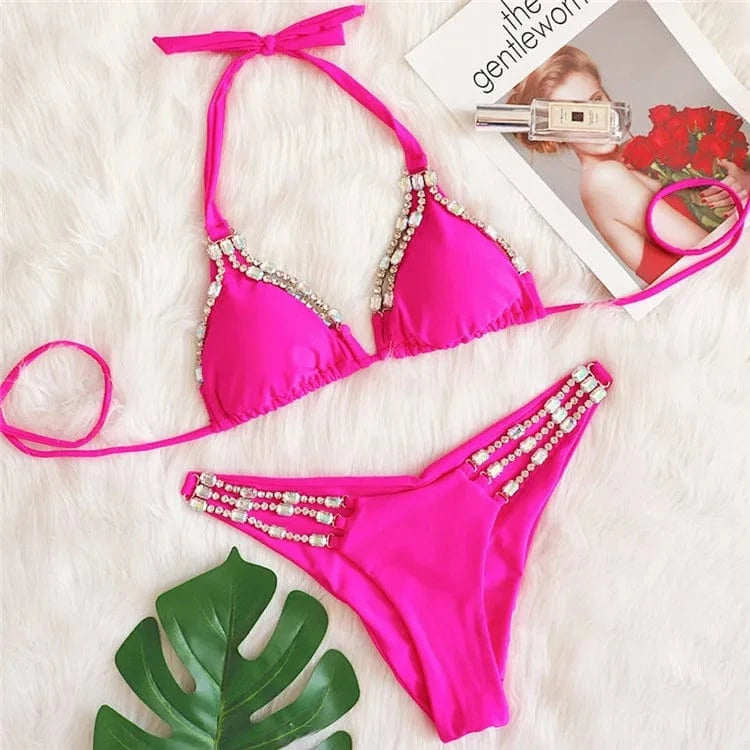 Rhinestone Bikini 2024 Women Sexy Hot Pink Diamond Lace Up Halter Swimsuit Metal Chain Beach Bathing Suit