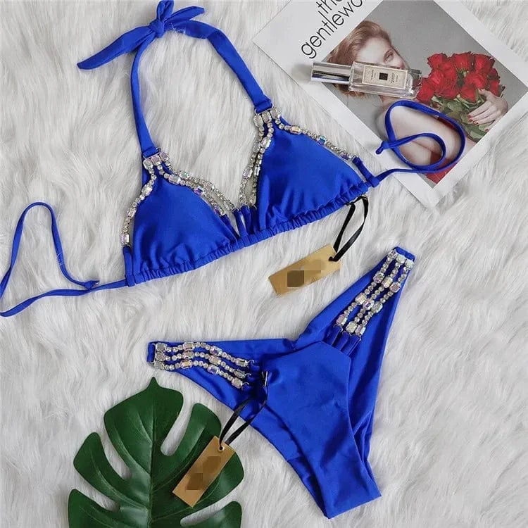 Rhinestone Bikini 2024 Women Sexy Hot Pink Diamond Lace Up Halter Swimsuit Metal Chain Beach Bathing Suit