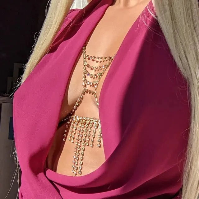 Rhinestone Bikini Body Chain Jewelry Sexy Tassel Chain Nightclub Accessories Chest Jewelry for Women