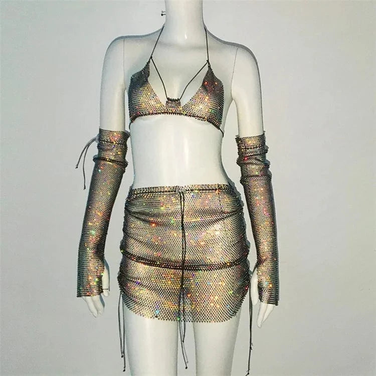 Rhinestone Fishnet 3 Piece Outfits Sexy Fishnet Gloves + Bikinis + Mini Skirt Women Nightclub Party Sets