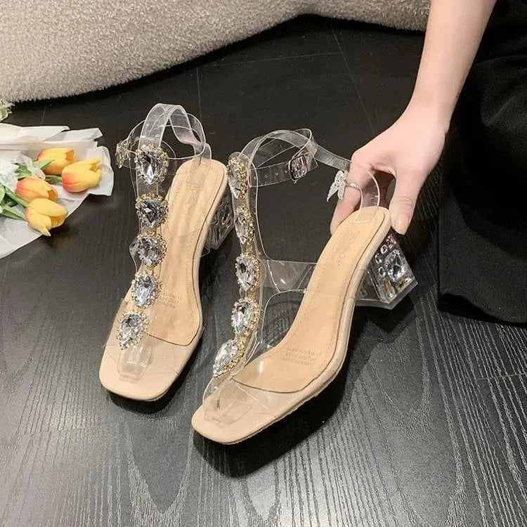 Rhinestone Pvc Clear Crystal Shoes Fashion Square Toe Sandals Women's Transparent High Heel Sandals