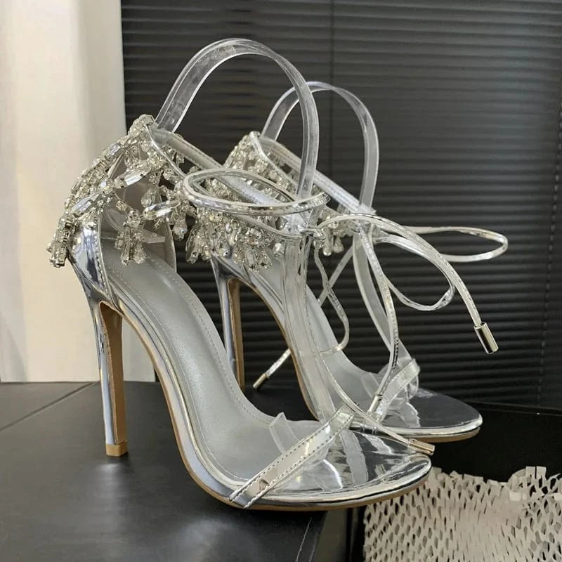 Rhinestone Tassel Bling Silver Sandals Open Toe Lace Up Ankle Straps Summer Party Women Stiletto Heels