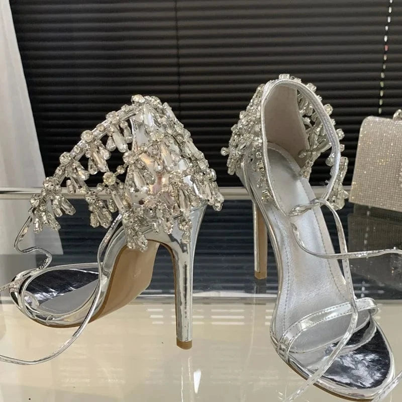 Rhinestone Tassel Bling Silver Sandals Open Toe Lace Up Ankle Straps Summer Party Women Stiletto Heels
