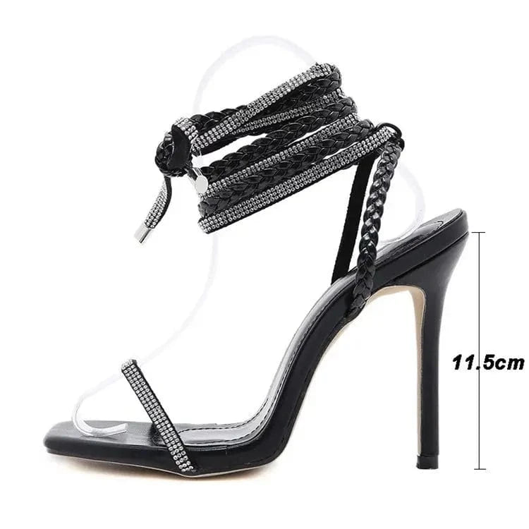 Rhinestone Woven Anklet Straps Stiletto Heel Sandales Large Size Sexy High Heeled Sandals For Women And Ladies