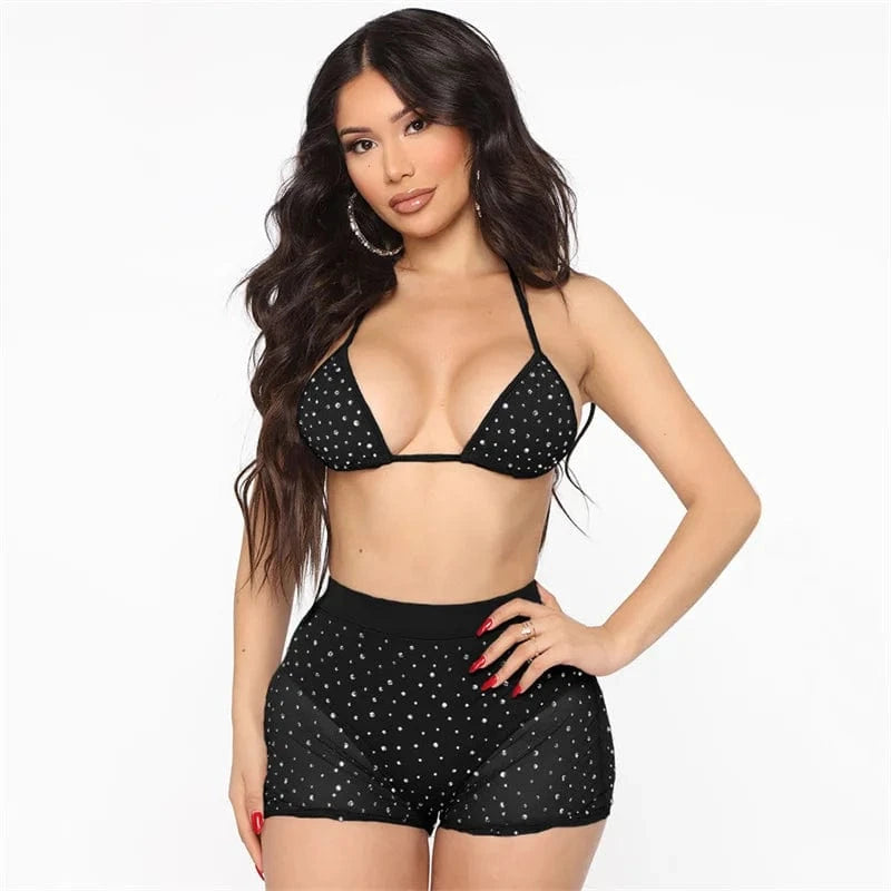Rhinestones Mesh See Through Sexy Two Peice Sets Women Matching Sets Outfits Clubwear Night Out Halter Lace-up Bra and Shorts