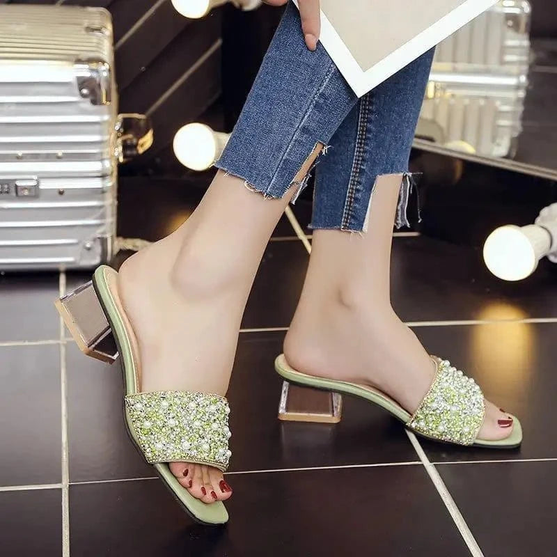 rhinestones Slippers women rough high heels flip-flops lazy bow rhinosin cool drag women shoes large size 35-43