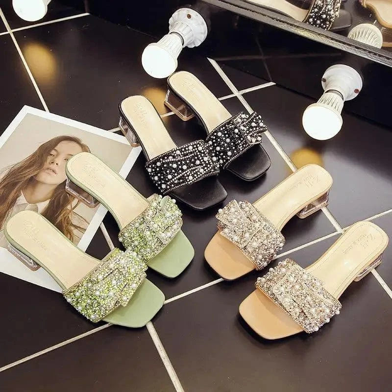 rhinestones Slippers women rough high heels flip-flops lazy bow rhinosin cool drag women shoes large size 35-43