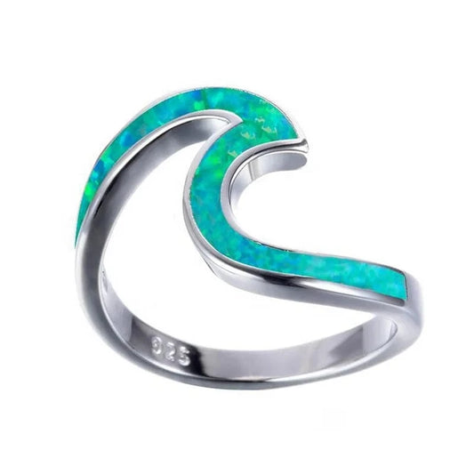 Rhodium plated JCA Sterling Silver 925 Summer Ocean Unique Opal Wave Band Ring