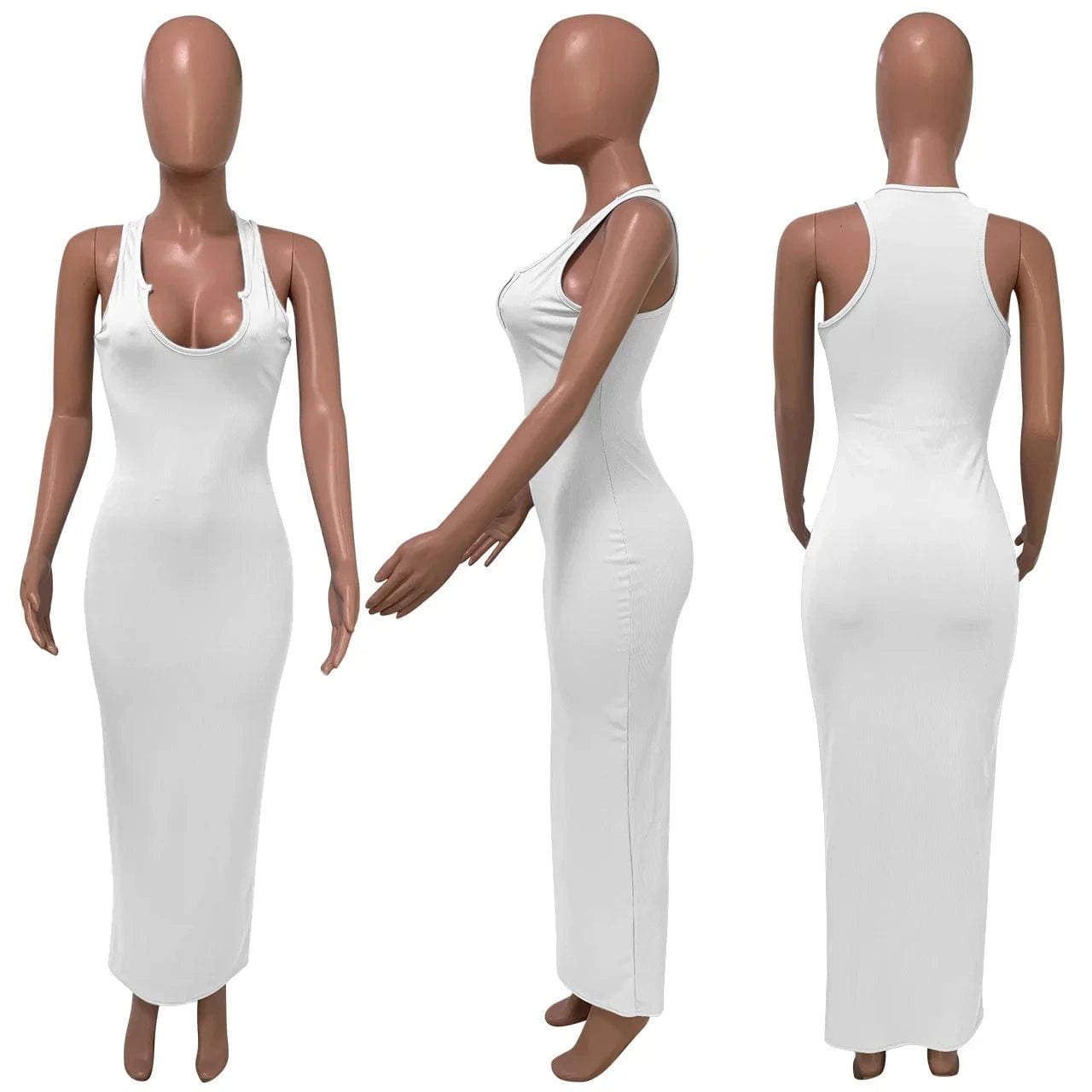 Ribbed Knitted Elastic Sleeveless Bodycon Tank Dress Maxi Casual Dresses Women 2024 Deep V-Neck Elegant Plain Dyed Sexy Dress