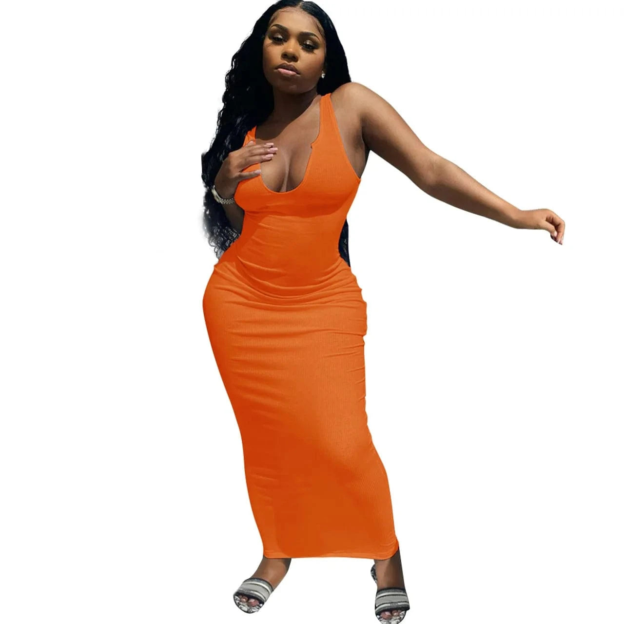 Ribbed Knitted Elastic Sleeveless Bodycon Tank Dress Maxi Casual Dresses Women 2024 Deep V-Neck Elegant Plain Dyed Sexy Dress
