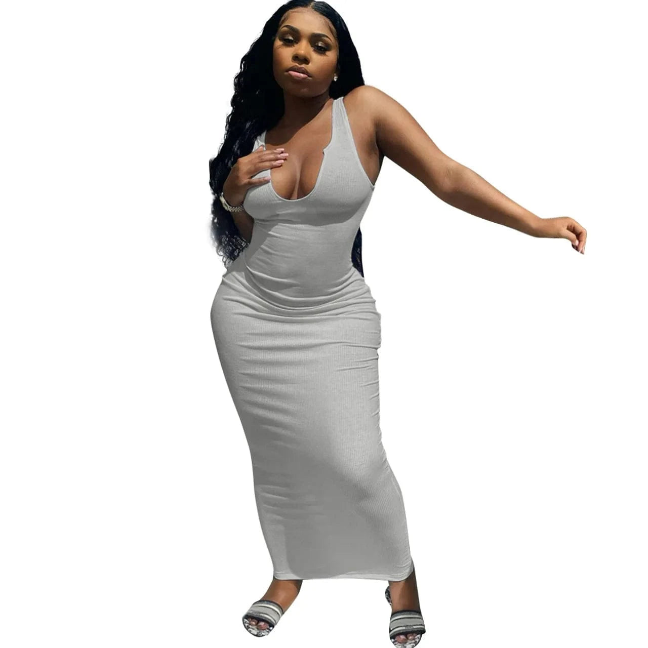 Ribbed Knitted Elastic Sleeveless Bodycon Tank Dress Maxi Casual Dresses Women 2024 Deep V-Neck Elegant Plain Dyed Sexy Dress