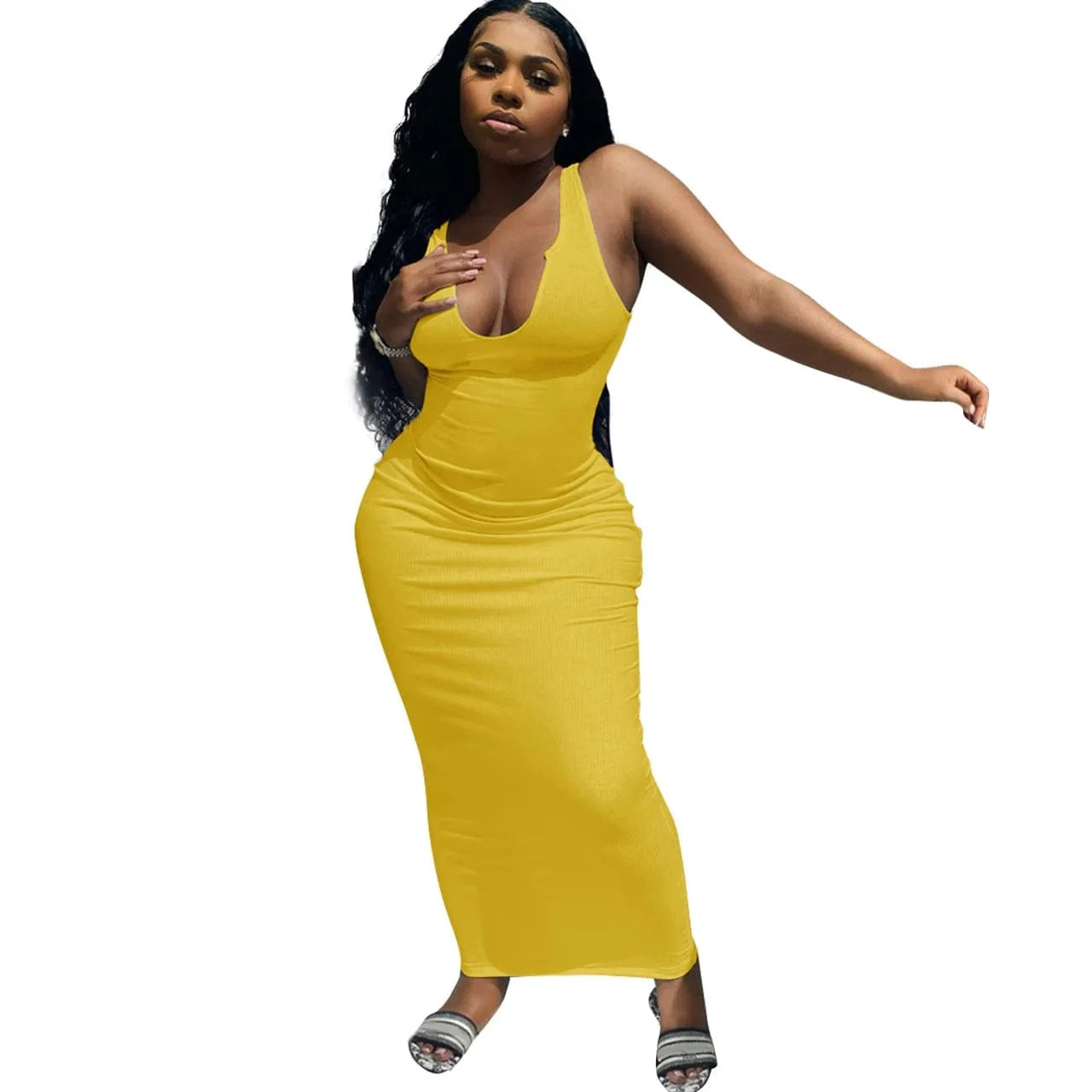 Ribbed Knitted Elastic Sleeveless Bodycon Tank Dress Maxi Casual Dresses Women 2024 Deep V-Neck Elegant Plain Dyed Sexy Dress