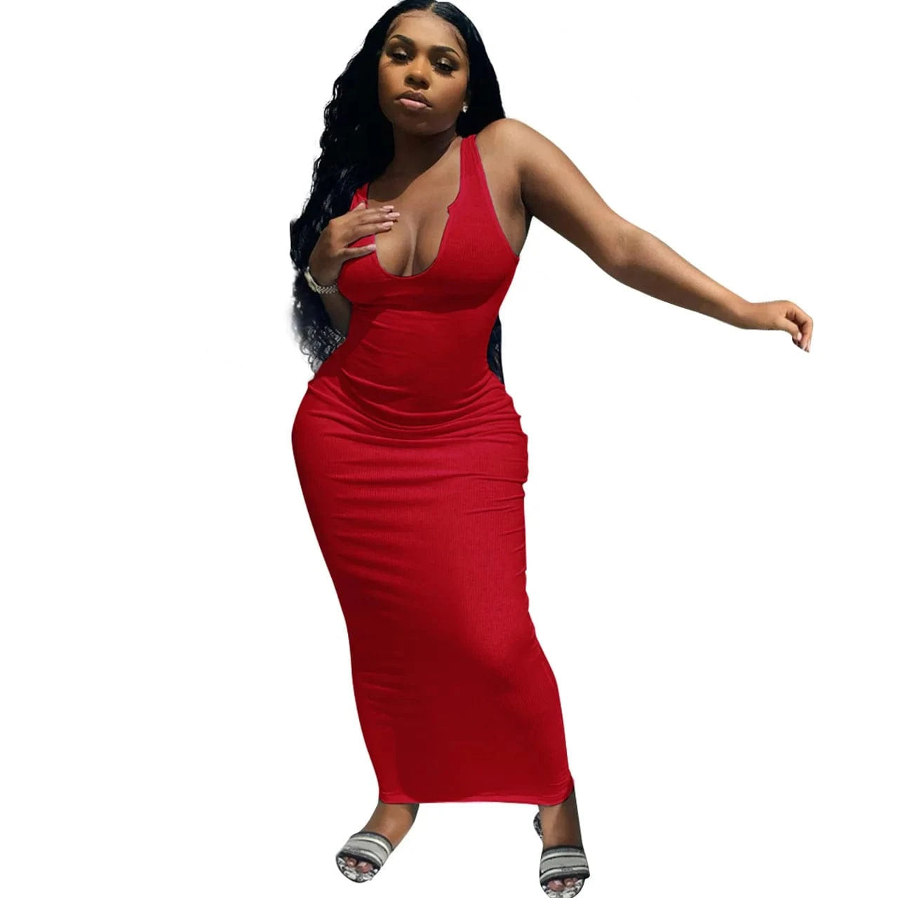 Ribbed Knitted Elastic Sleeveless Bodycon Tank Dress Maxi Casual Dresses Women 2024 Deep V-Neck Elegant Plain Dyed Sexy Dress