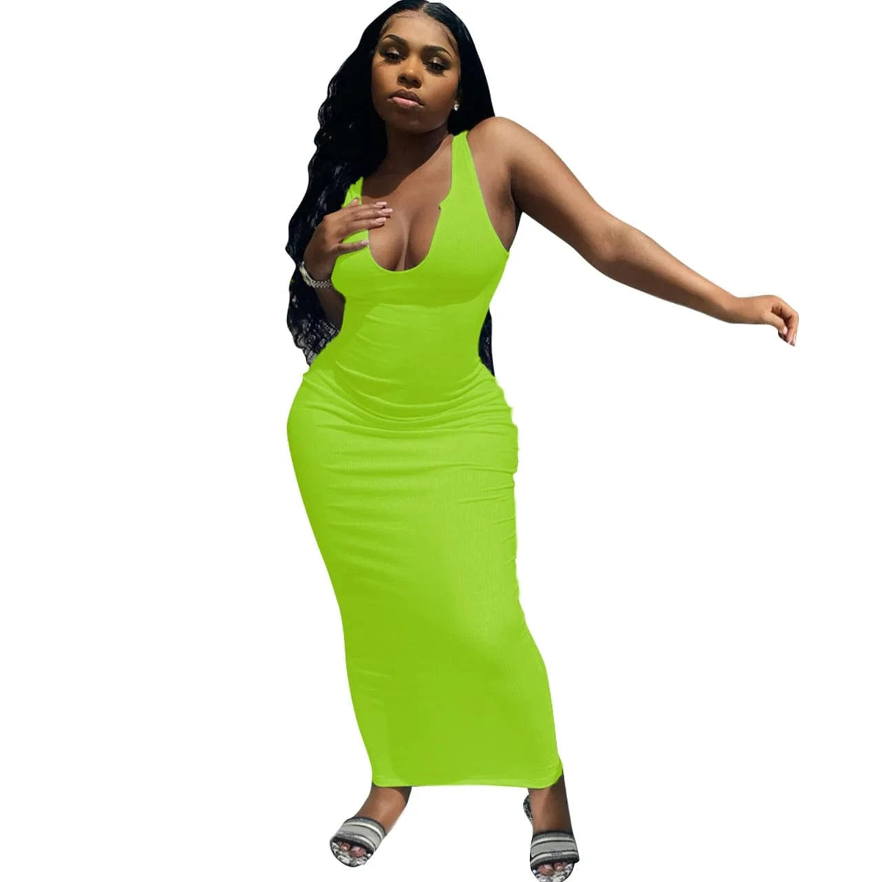 Ribbed Knitted Elastic Sleeveless Bodycon Tank Dress Maxi Casual Dresses Women 2024 Deep V-Neck Elegant Plain Dyed Sexy Dress