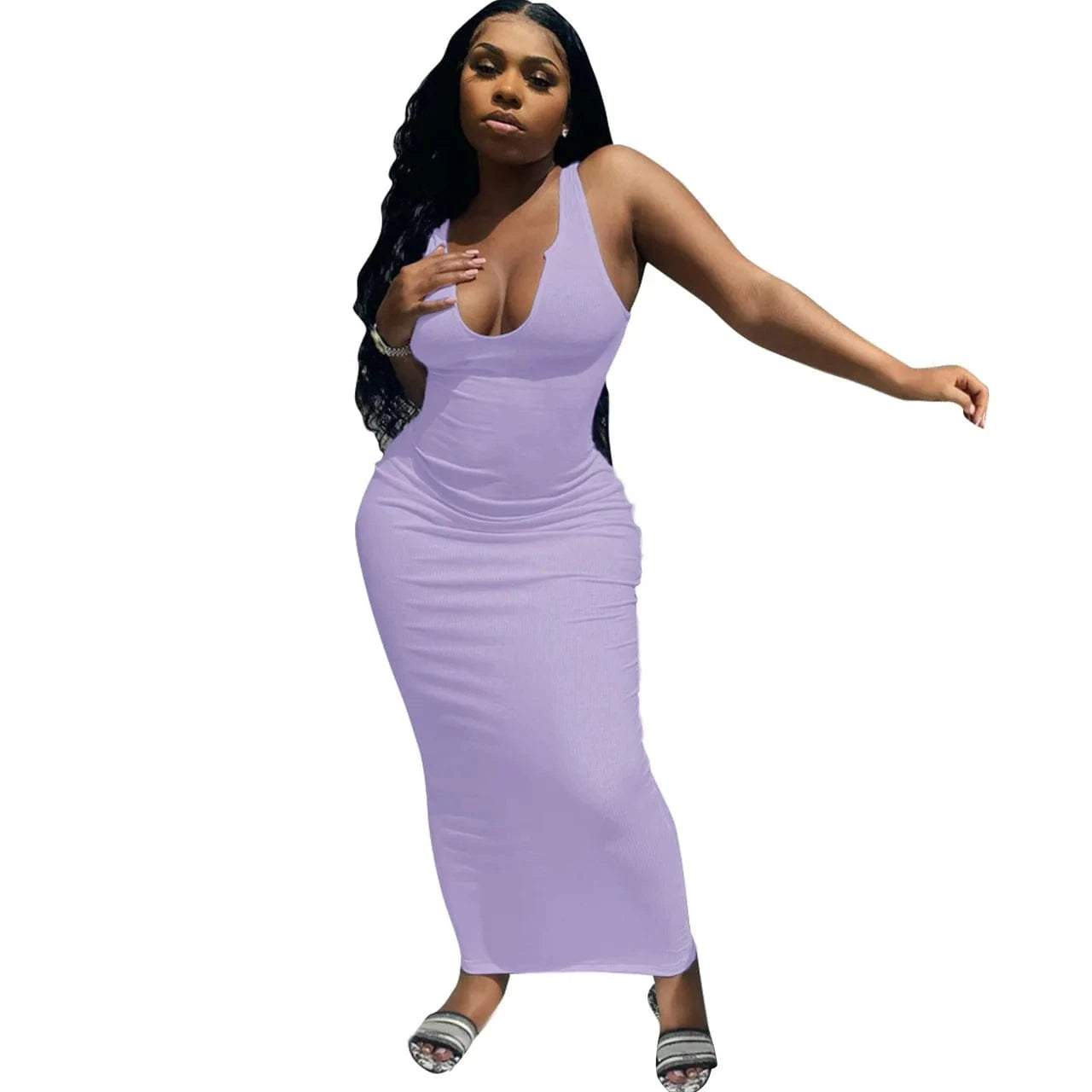 Ribbed Knitted Elastic Sleeveless Bodycon Tank Dress Maxi Casual Dresses Women 2024 Deep V-Neck Elegant Plain Dyed Sexy Dress