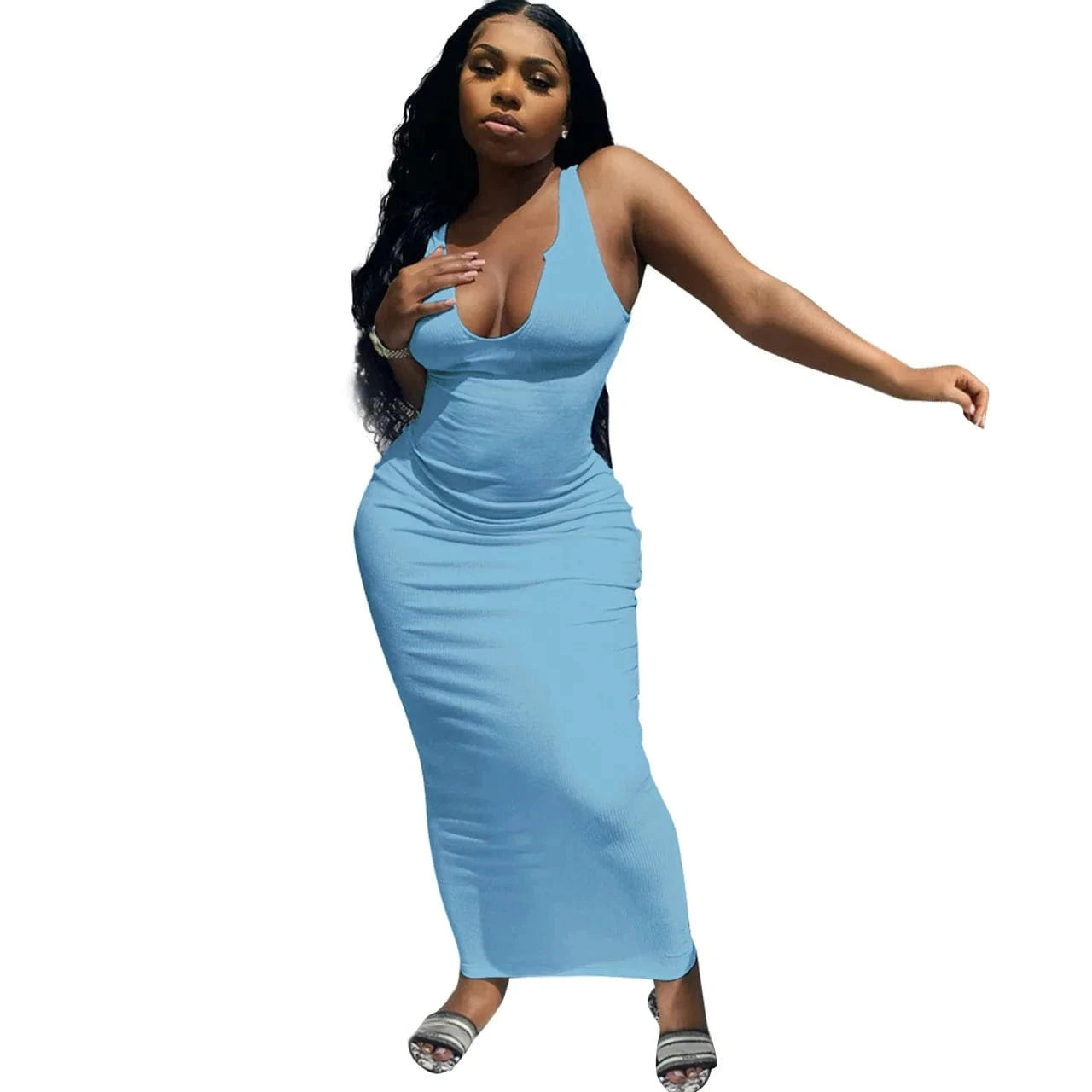 Ribbed Knitted Elastic Sleeveless Bodycon Tank Dress Maxi Casual Dresses Women 2024 Deep V-Neck Elegant Plain Dyed Sexy Dress