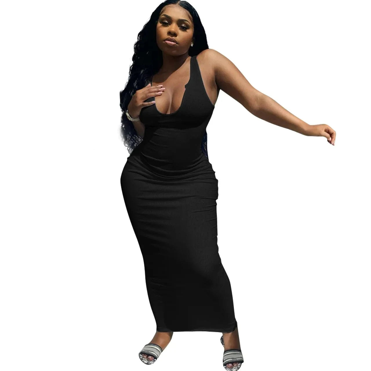 Ribbed Knitted Elastic Sleeveless Bodycon Tank Dress Maxi Casual Dresses Women 2024 Deep V-Neck Elegant Plain Dyed Sexy Dress
