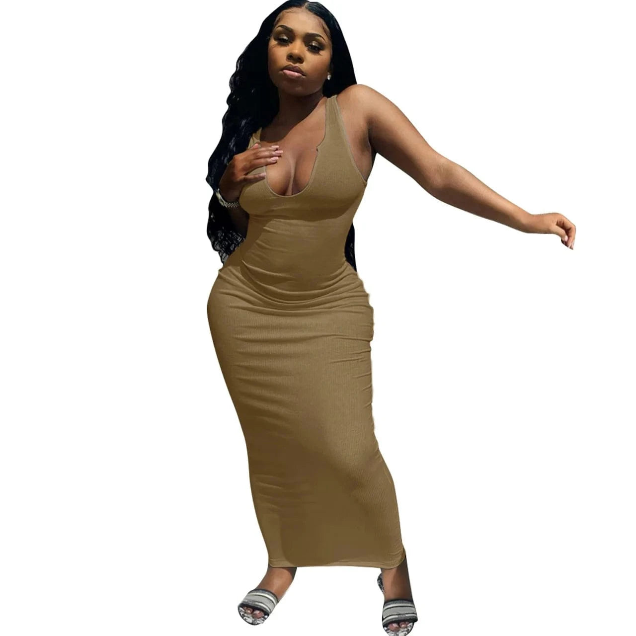 Ribbed Knitted Elastic Sleeveless Bodycon Tank Dress Maxi Casual Dresses Women 2024 Deep V-Neck Elegant Plain Dyed Sexy Dress