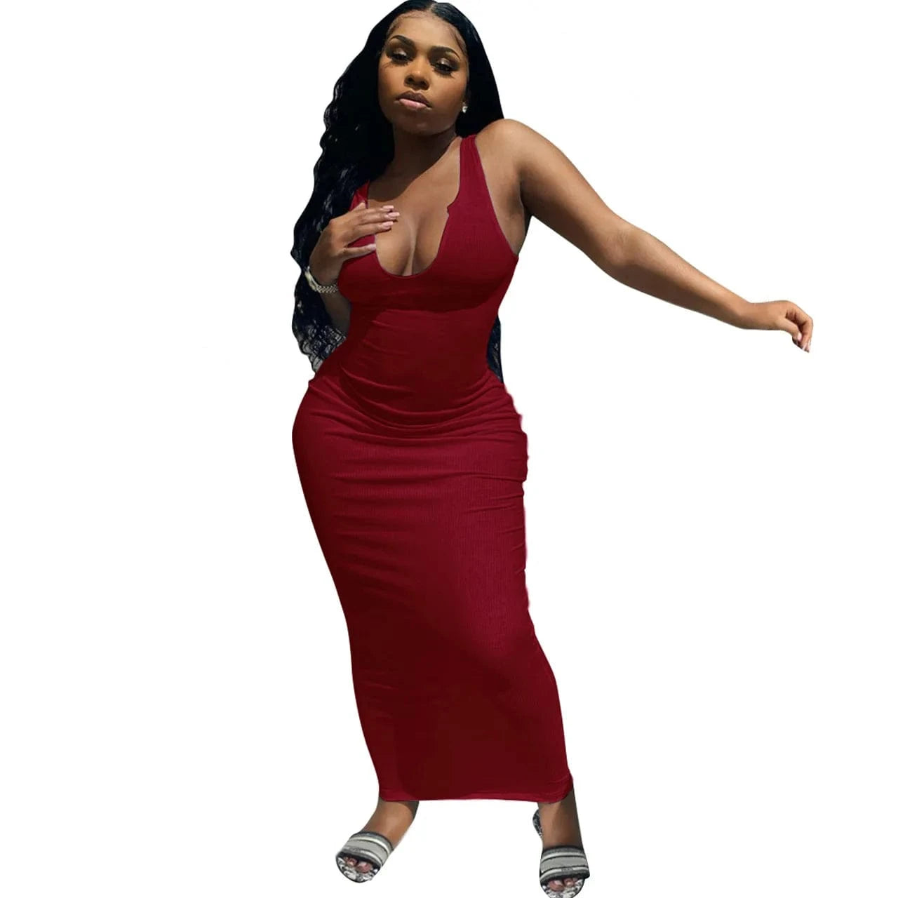Ribbed Knitted Elastic Sleeveless Bodycon Tank Dress Maxi Casual Dresses Women 2024 Deep V-Neck Elegant Plain Dyed Sexy Dress