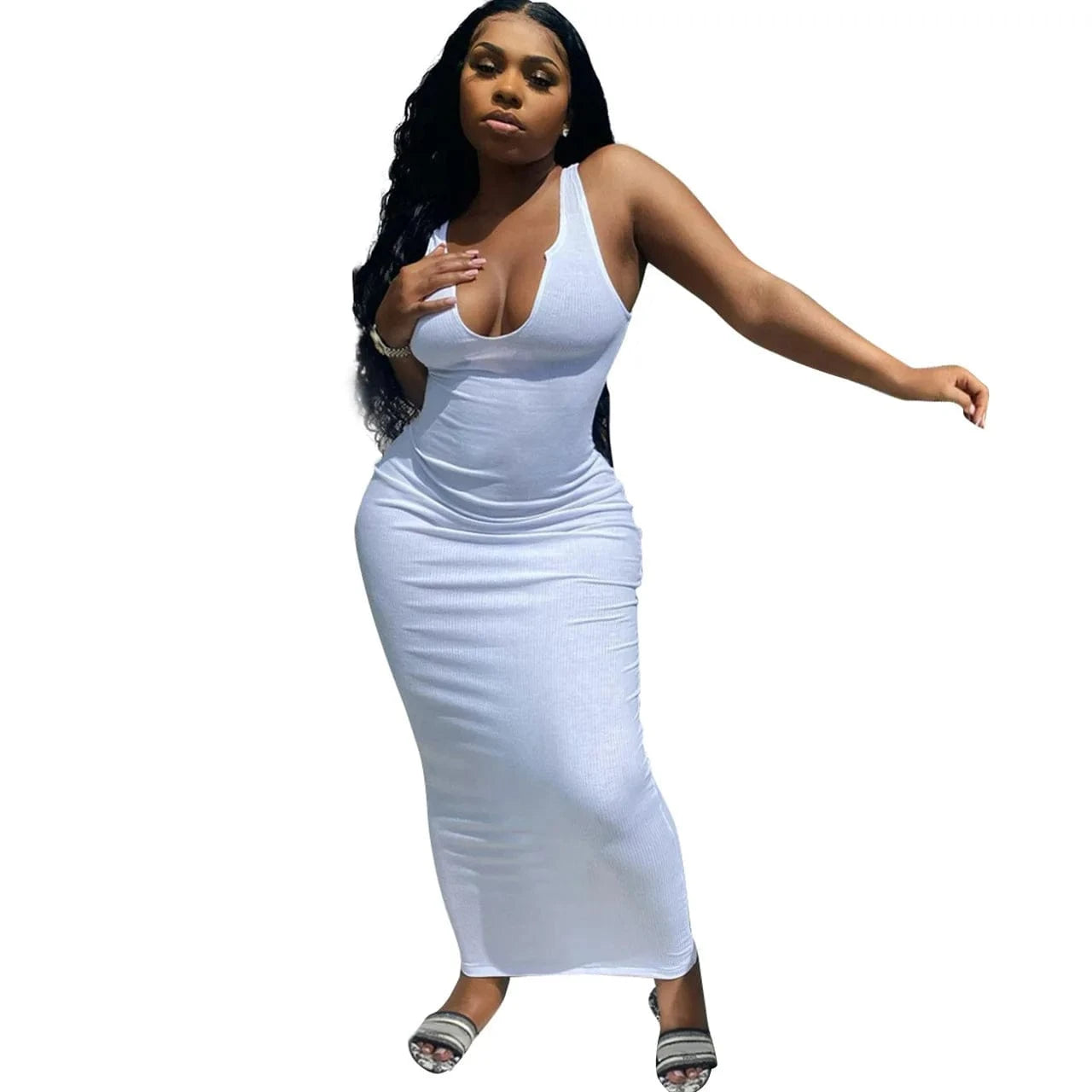 Ribbed Knitted Elastic Sleeveless Bodycon Tank Dress Maxi Casual Dresses Women 2024 Deep V-Neck Elegant Plain Dyed Sexy Dress