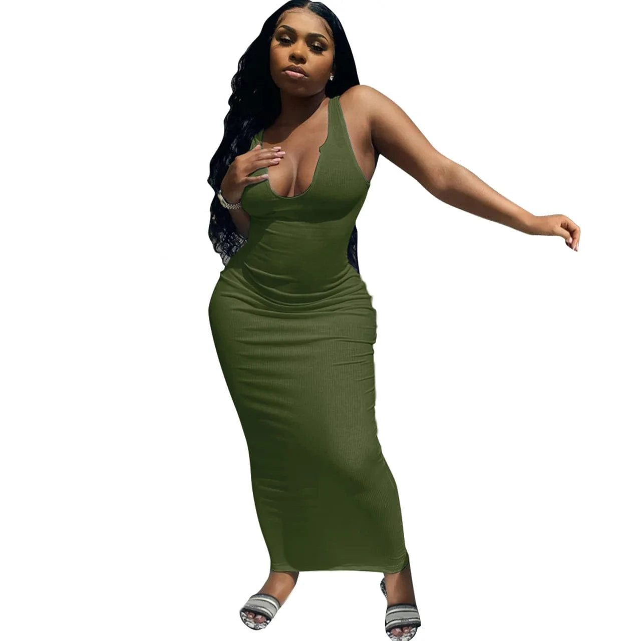 Ribbed Knitted Elastic Sleeveless Bodycon Tank Dress Maxi Casual Dresses Women 2024 Deep V-Neck Elegant Plain Dyed Sexy Dress