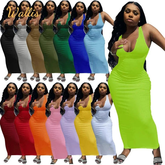 Ribbed Knitted Elastic Sleeveless Bodycon Tank Dress Maxi  Casual Dresses  Women 2024 Deep V-Neck Elegant Plain Dyed Sexy Dress