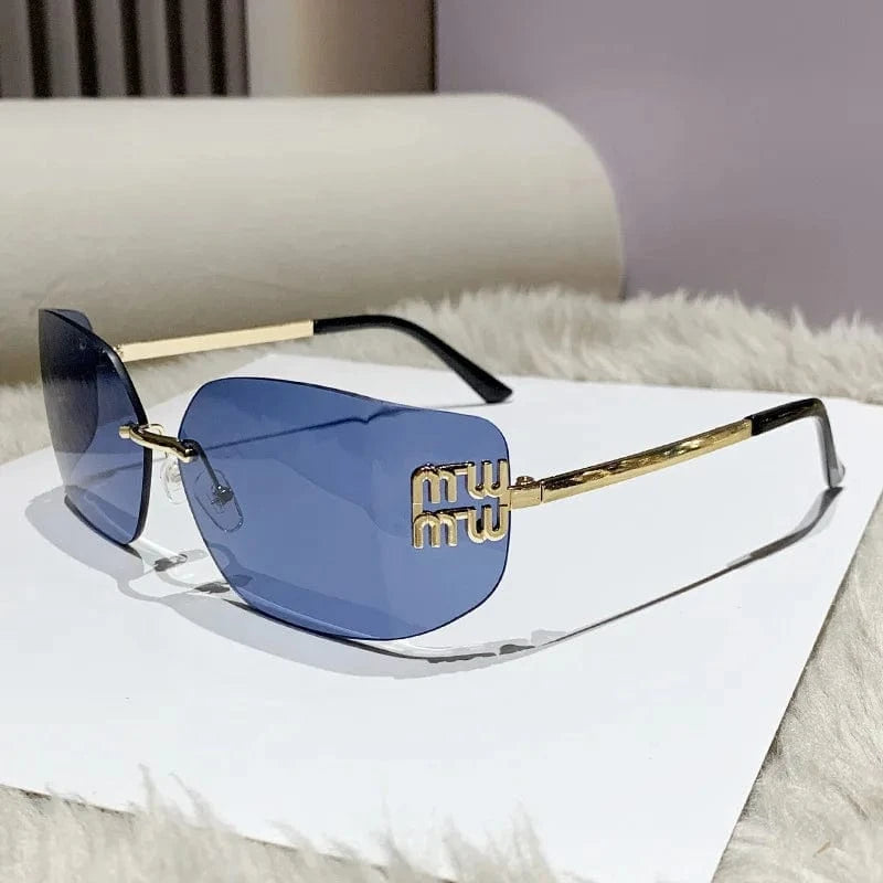 rimless sunglasses / Gold /blue 2024 New Arrival Trendy Gold Metal conjoined rectangular Sun glasses Y2K Wholesale fashion rimless Sunglasses