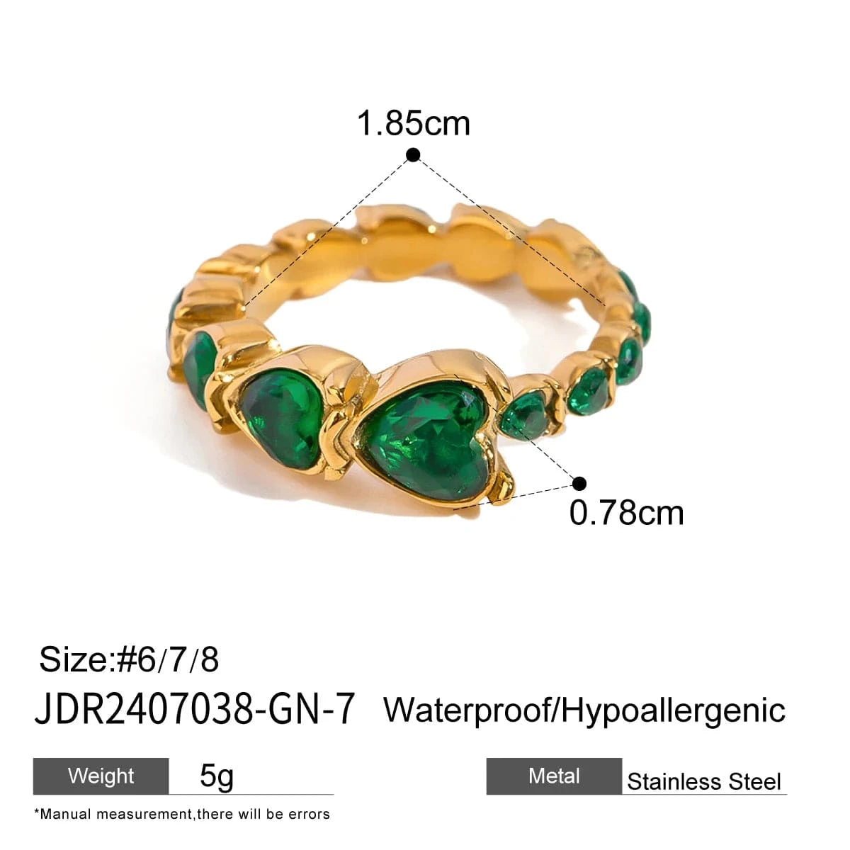 rings 7 / minimalist / R2409-2 Heart Green White Crystal Rings