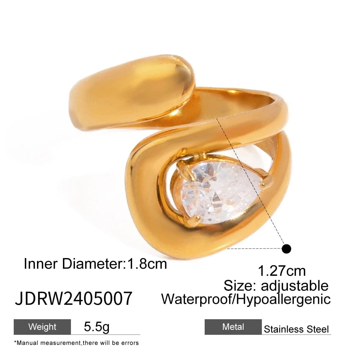 rings 7 / Simple / R2590 Open Overlapping Water Drop Large Cubic Zirconia Ring