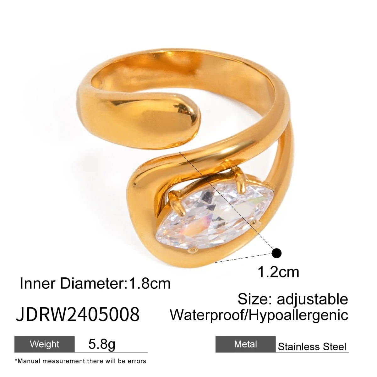 rings 7 / Simple / R2846 Open Overlapping Water Drop Large Cubic Zirconia Ring