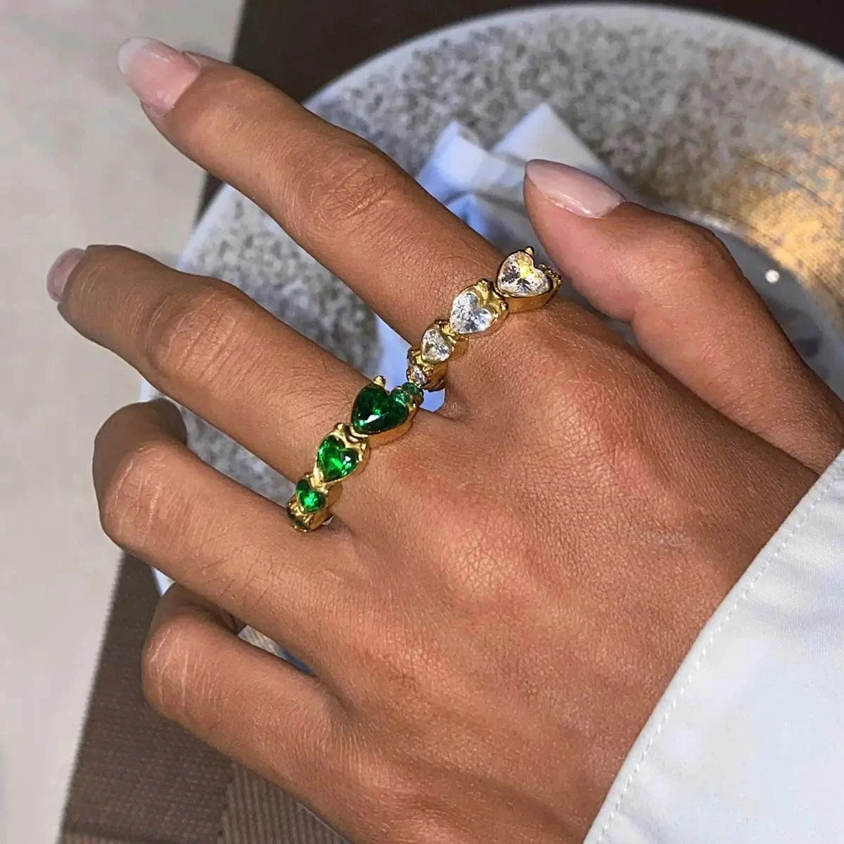 rings Heart Green White Crystal Rings