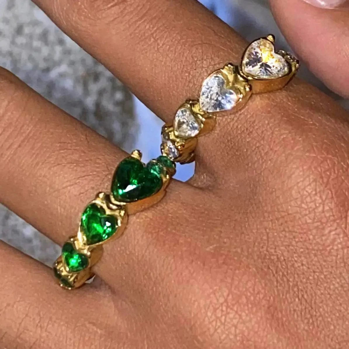 rings Heart Green White Crystal Rings