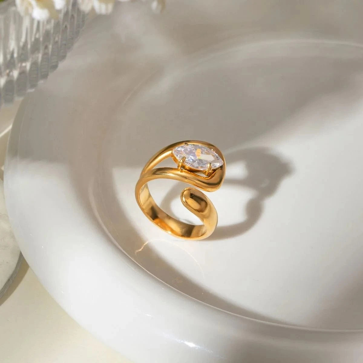 rings Open Overlapping Water Drop Large Cubic Zirconia Ring