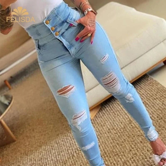 Ripped Women's Jeans Pants Bodycon High Waist Casual Long Pant Denim Trousers Skinny Boyfriend Jeans for Women