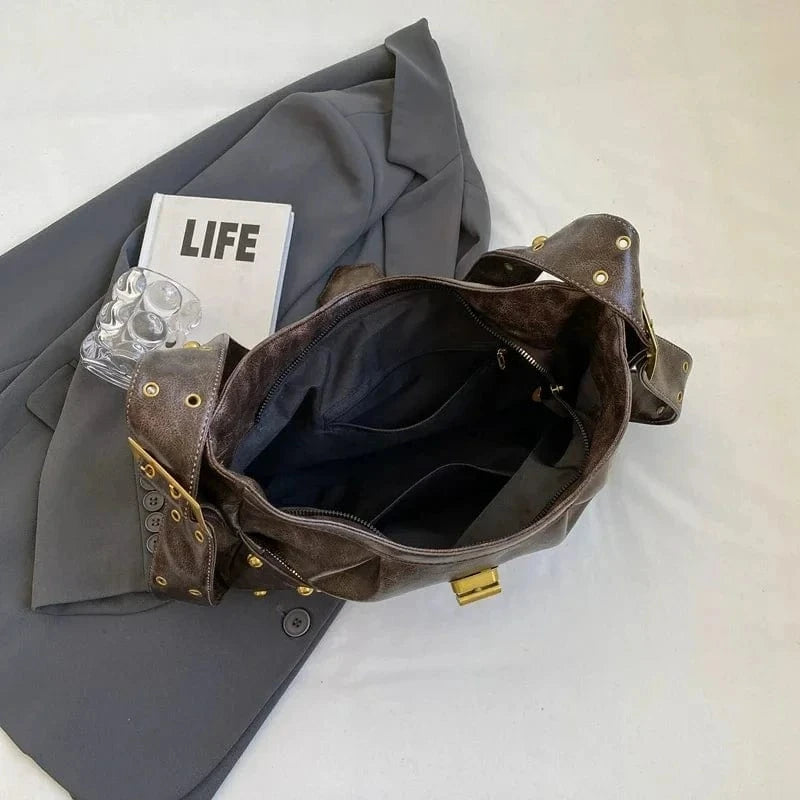 Rivets Design Retro Shoulder Bags for Women 2024 PU Leather Vintage Ladies Handbags Female Crossbody Bags