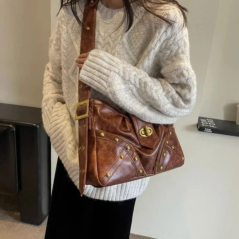 Rivets Design Retro Shoulder Bags for Women 2024 PU Leather Vintage Ladies Handbags Female Crossbody Bags