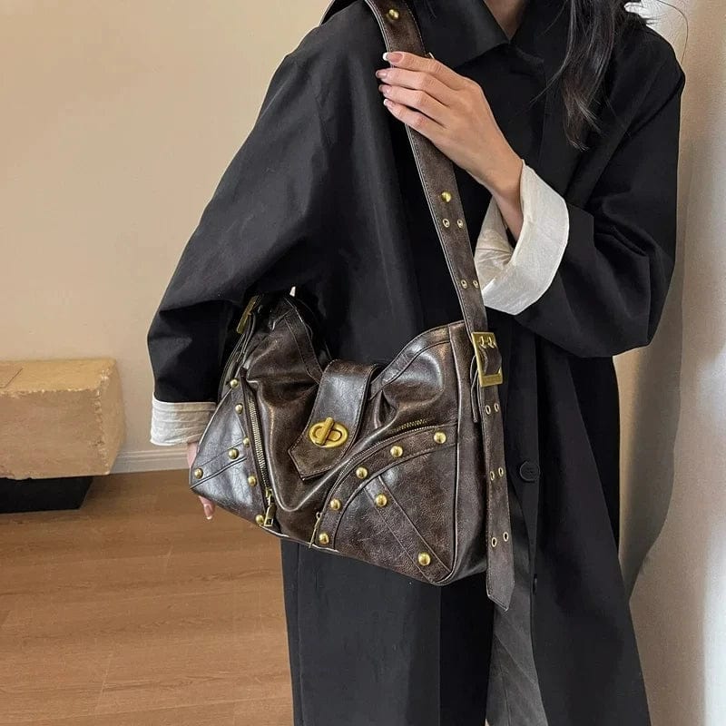 Rivets Design Retro Shoulder Bags for Women 2024 PU Leather Vintage Ladies Handbags Female Crossbody Bags