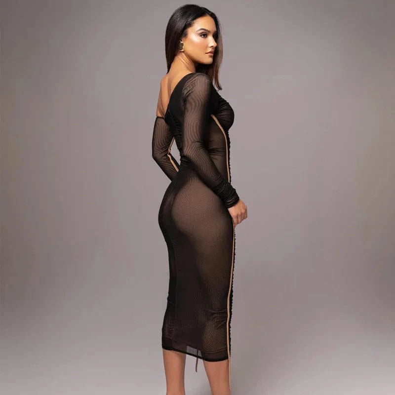 RNSHANGER Diagonal Collar Long Sleeve Midi Dress For Women Two Layer Mesh Backless Ruched Bodycon Club Party Sexy Long Dress