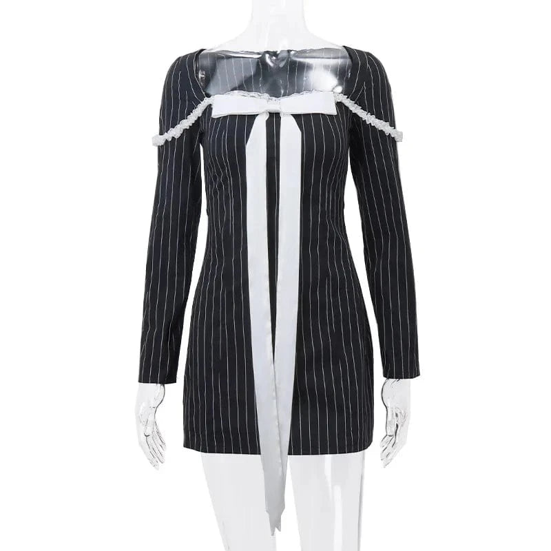 RNSHANGER Elegant Bow Patchwork Long Sleeve Dress Retro Square-neck Lace Stitch Bodycon Mini Dresses 2024 Evening Party Dress