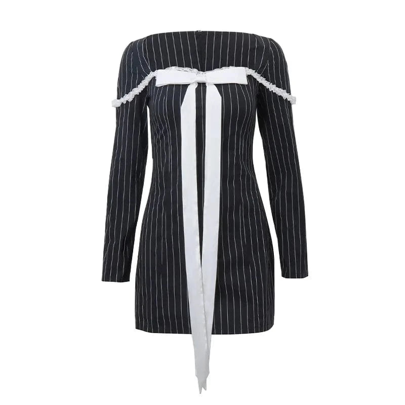 RNSHANGER Elegant Bow Patchwork Long Sleeve Dress Retro Square-neck Lace Stitch Bodycon Mini Dresses 2024 Evening Party Dress