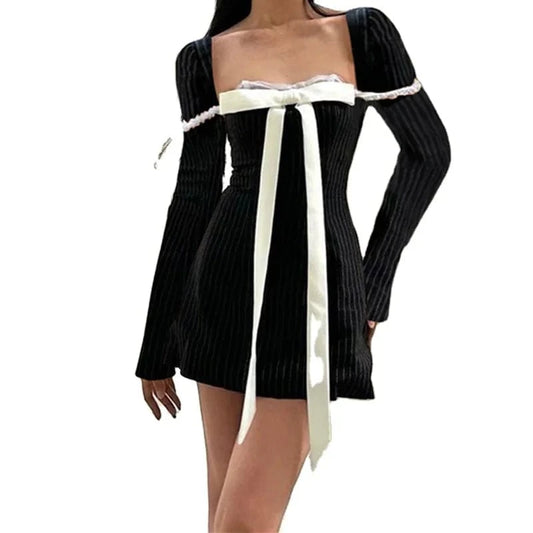 RNSHANGER Elegant Bow Patchwork Long Sleeve Dress Retro Square-neck Lace Stitch Bodycon Mini Dresses 2024 Evening Party Dress