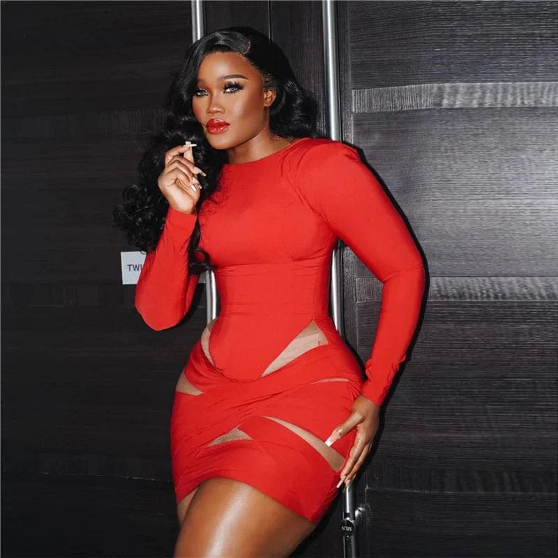 RNSHANGER Hipster Mesh Patchwork Dress Women Trend o-Neck Long Sleeve Solid Elastic Party Birthday Festival Mini Bodycon Dress