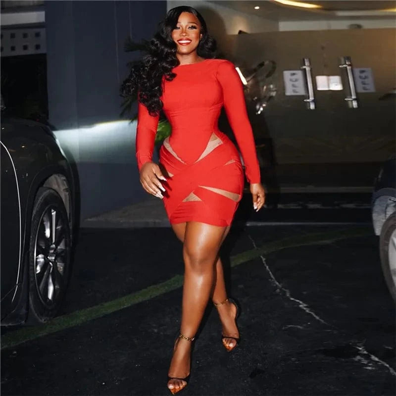 RNSHANGER Hipster Mesh Patchwork Dress Women Trend o-Neck Long Sleeve Solid Elastic Party Birthday Festival Mini Bodycon Dress