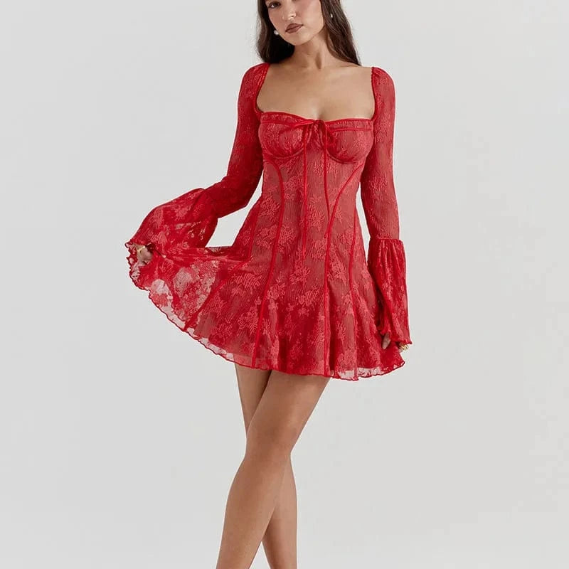 RNSHANGER Ladies Elegant Lac-up Square Neck Patchwork Long Sleeve Mini Dress Women Sexy 2024 Fashion Sexy Backless Slim Dress