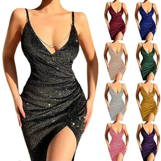 RNSHANGER New Shiny Sequins V Neck Chain Designer Women Midi Dress Sexy Backless Straps Bodycon Elegant Vacation Dresses