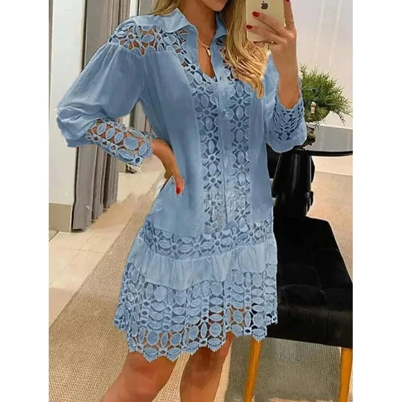 RNSHANGER Spring Summer Long Sleeve For Women Dresses Solid Color Lace Splicing Fashion Cutout Shirt Elegant Female Sexy Dress